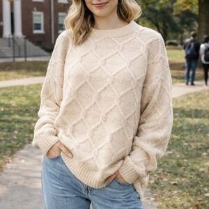 Y2 Peconic Bay Traders Cable Knit Cream Sweater Pullover USA Large Vintage